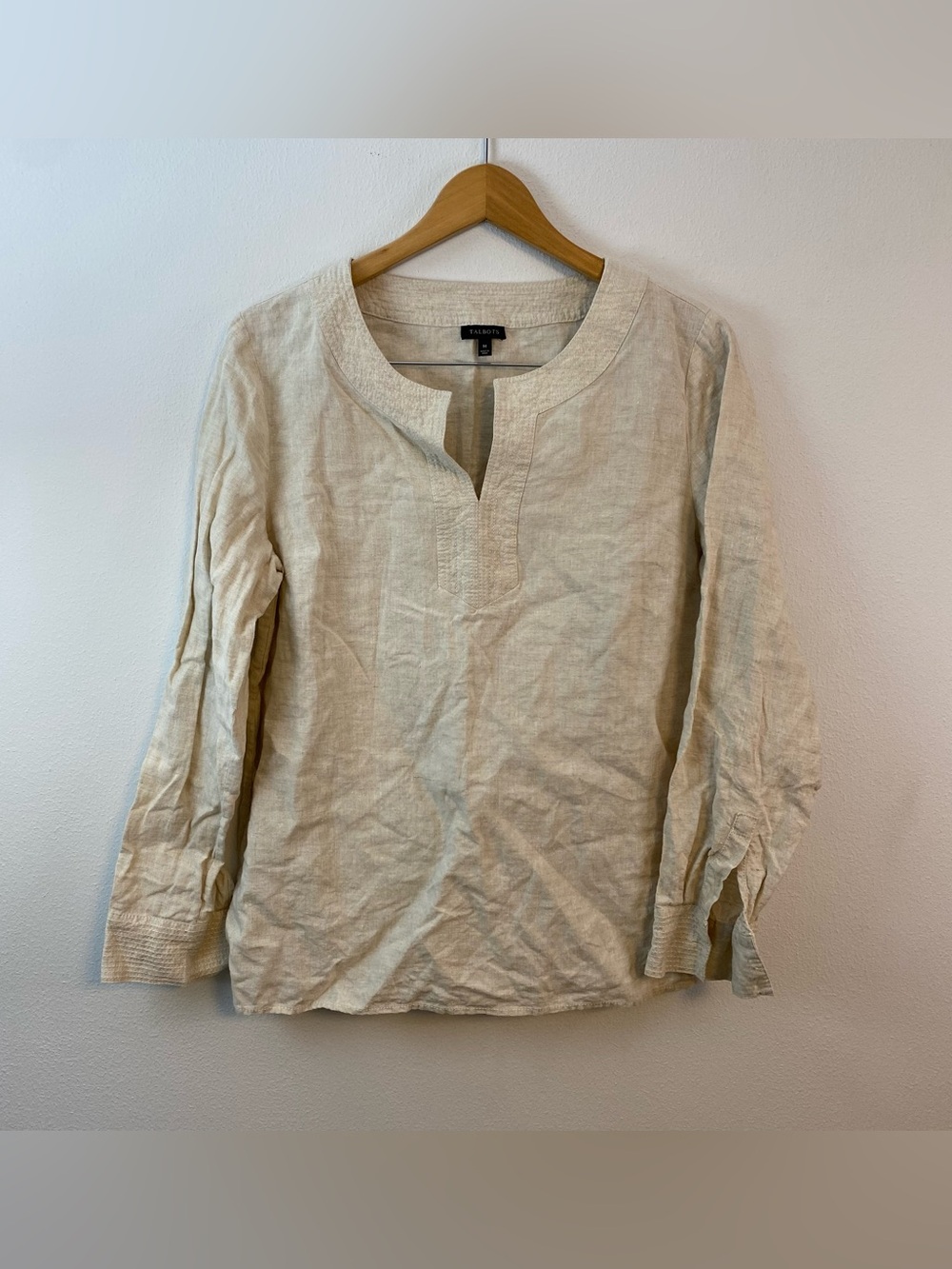 Talbots 100% Linen Long Sleeve V-Neck Top Natural Neutral Light Womens Medium